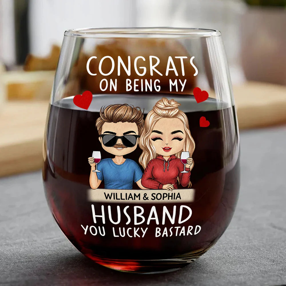 Gift For Couples, Gift For Husband, Gift For Wife, Gift For Boyfriend, Gift For Girlfriend - Congrats On Being My Husband Chibi Couples - Personalized Stemless Wine Glass