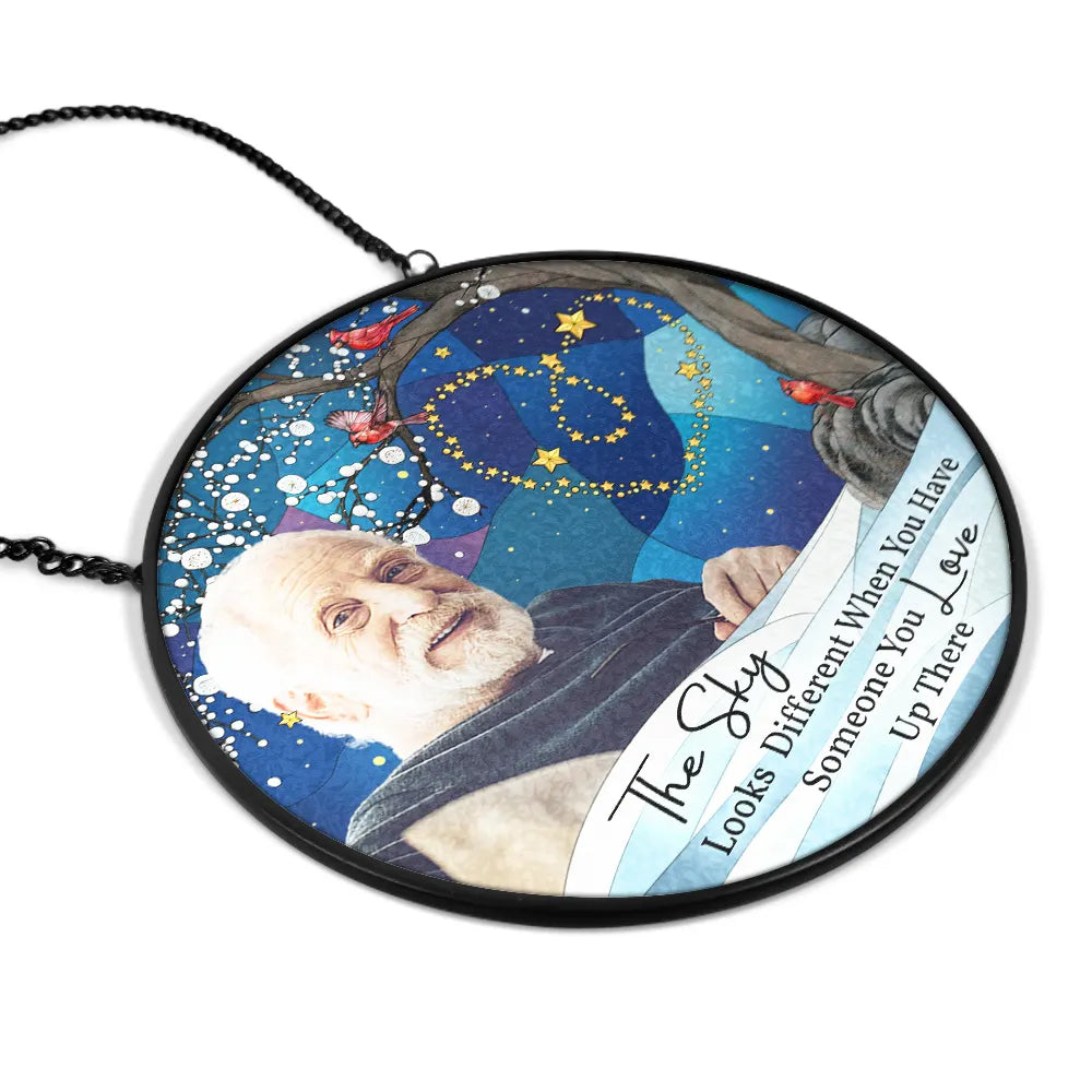 Sad, Family, Parents, Gift For Grandparents, Gift For Sibling, Memorial - Custom Photo The Sky Looks Different Memorial Family - Personalized Stained Glass Window Hanging Suncatcher
