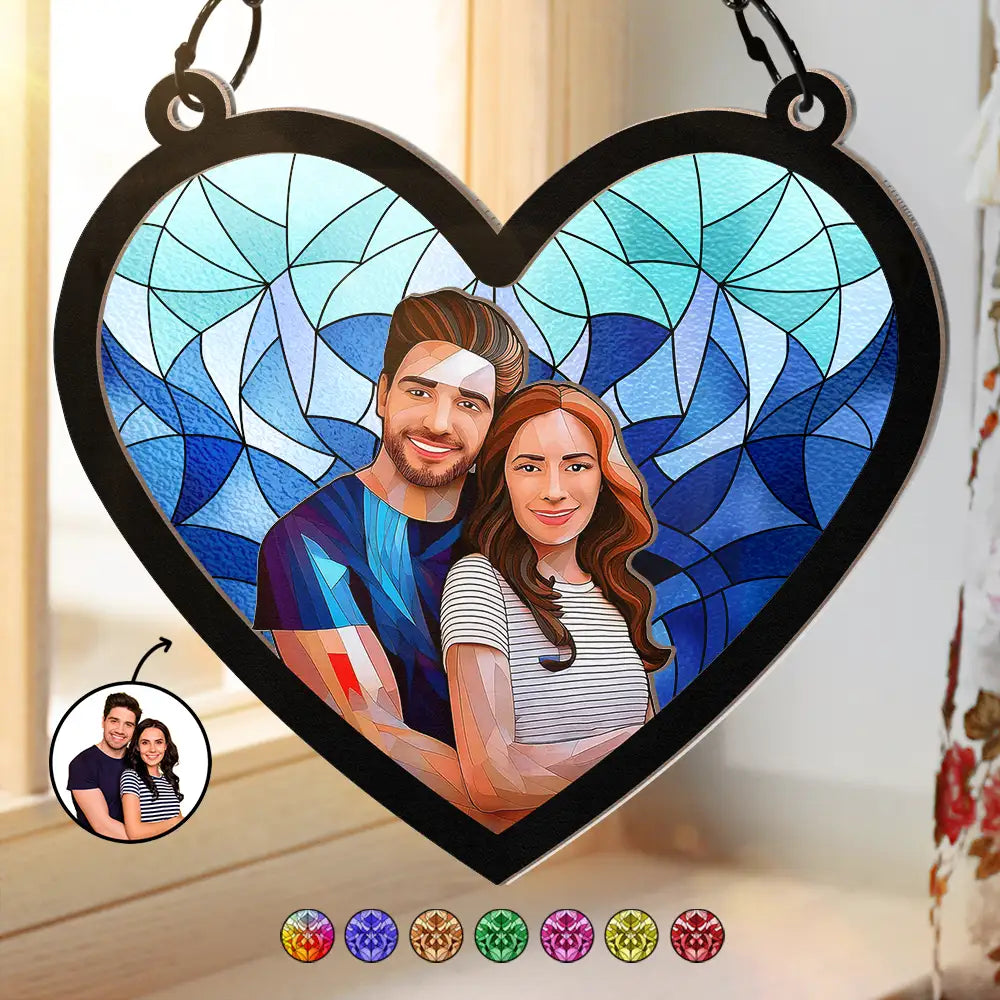 Gift For Couples, Parents, Gift For Husband, Gift For Wife, Gift For Boyfriend, Gift For Girlfriend, Family, Dog Lovers, Cat Lovers, Pet Lovers - Custom Photo Portrait Couple Family - Personalized Window Hanging Suncatcher Ornament