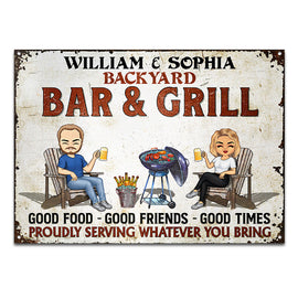 Bar And Grill Proudly Serving Whatever You Bring - Backyard Sign - Personalized Custom Classic Metal Signs