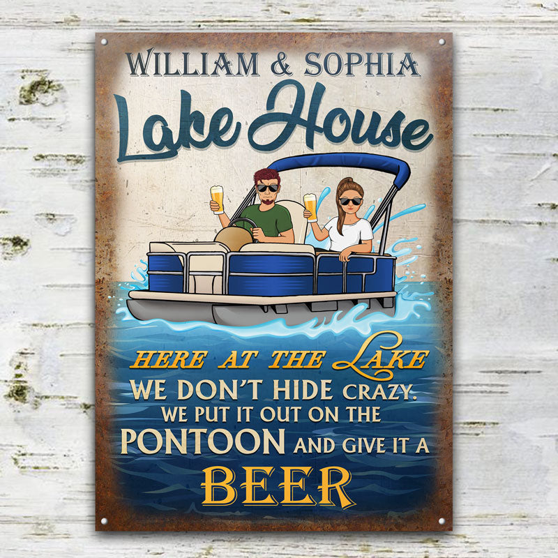 Here At The Lake Pontoon Husband Wife Couple - Lake House Sign - Personalized Custom Classic Metal Signs