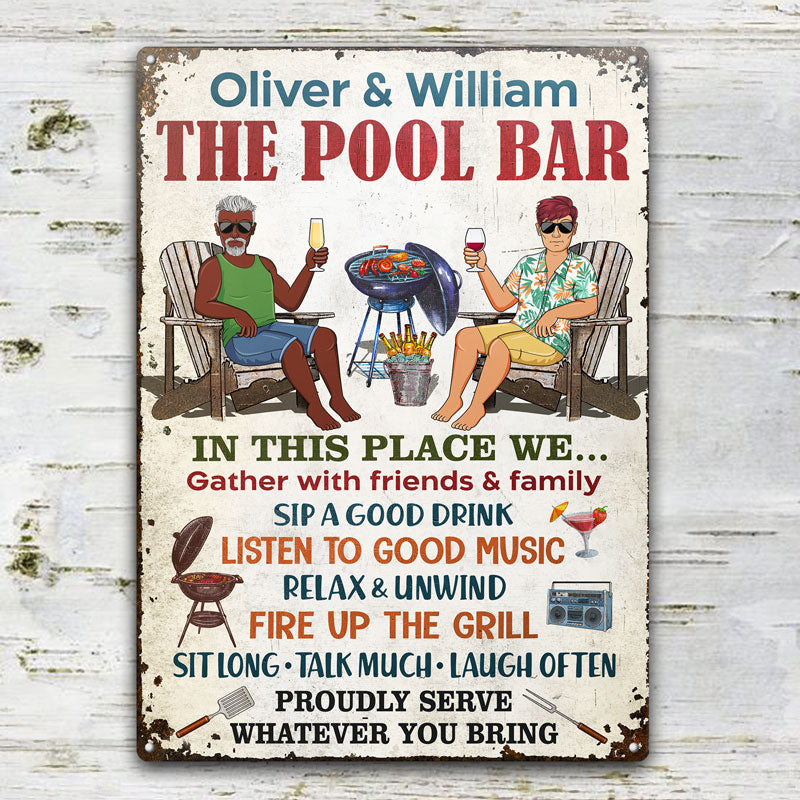 The Patio Bar We Gather With Friends And Family Grilling Couple - Backyard Sign - Personalized Custom Classic Metal Signs