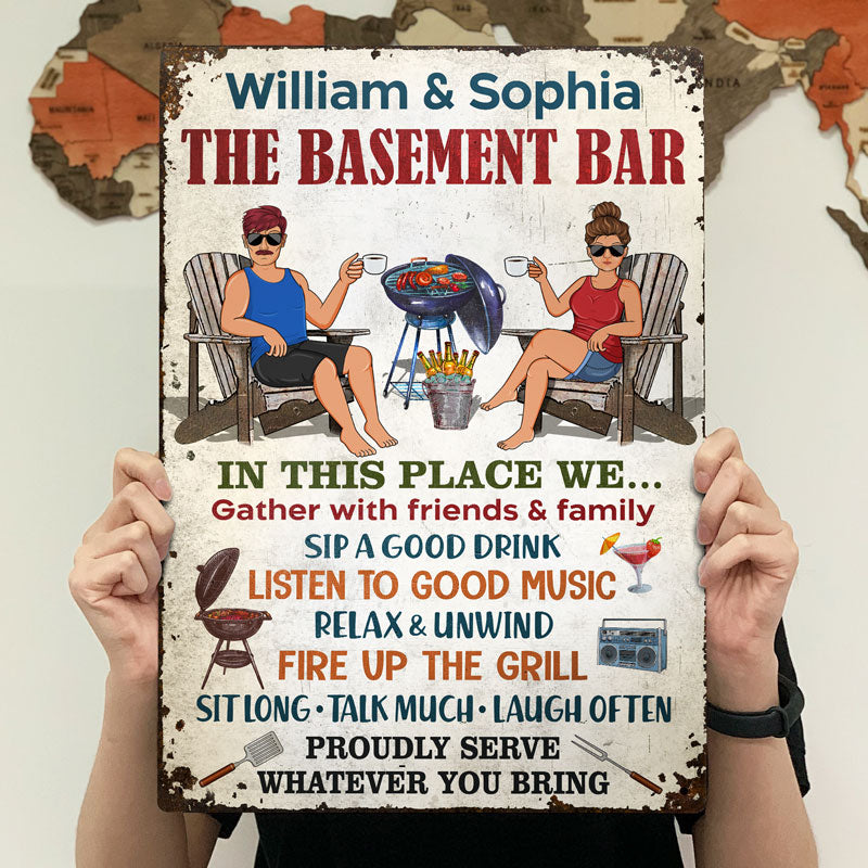 The Patio Bar We Gather With Friends And Family Grilling Couple - Backyard Sign - Personalized Custom Classic Metal Signs