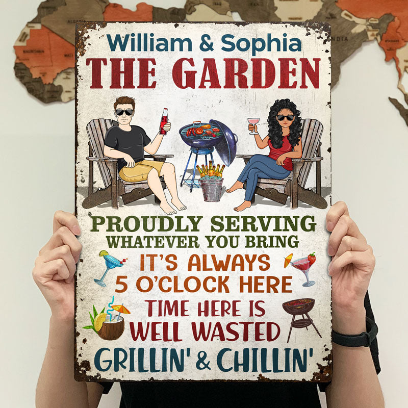 The Patio Bar Proudly Serving Whatever You Bring Grilling Couple - Backyard Sign - Personalized Custom Classic Metal Signs