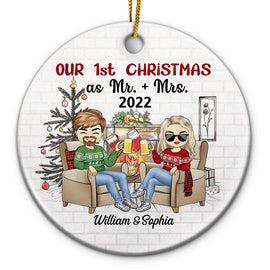 Our First Christmas Mr And Mrs Chibi - Christmas Gift For Couples - Personalized Custom Circle Ceramic Ornament