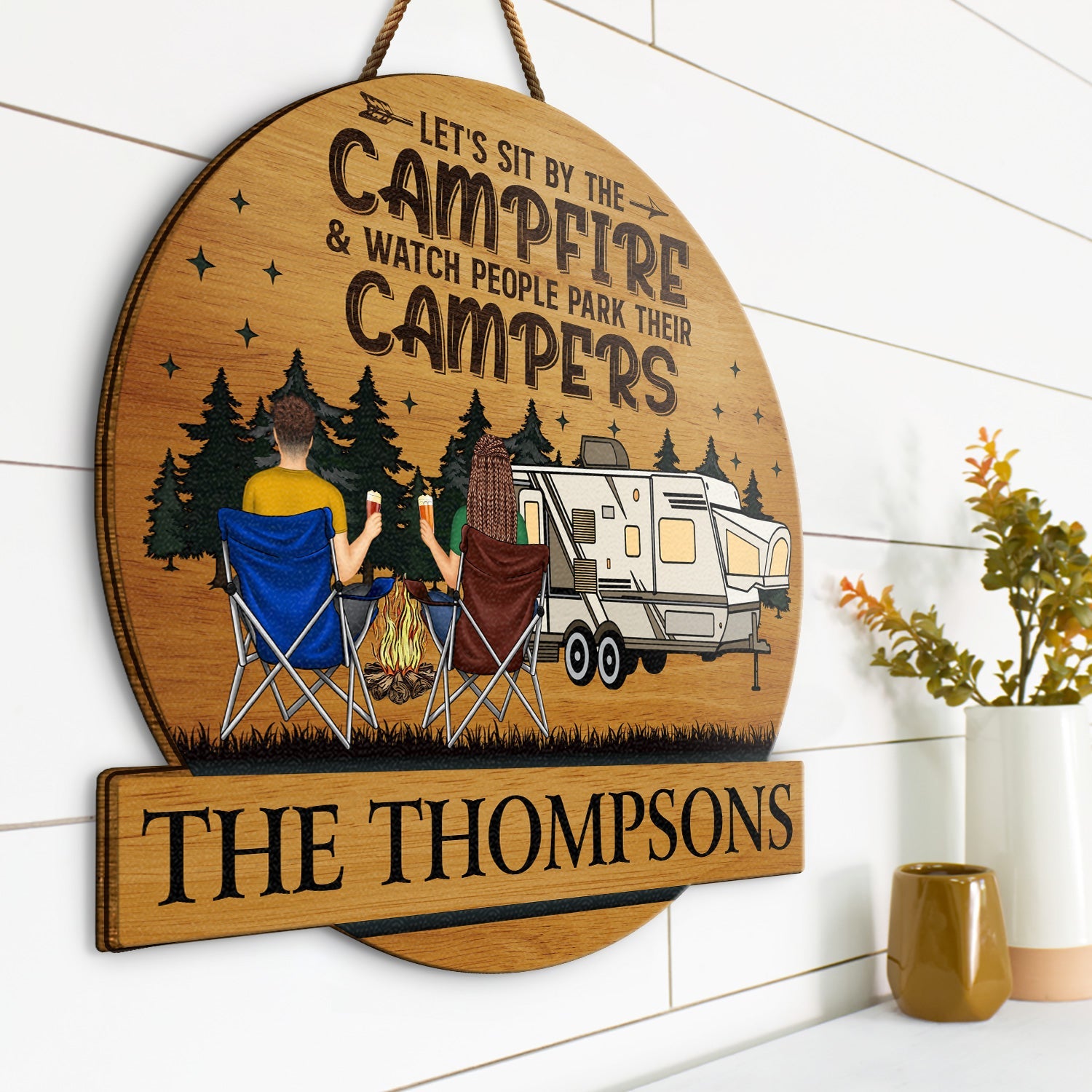 Camping Couple Backside Husband & Wife Camping Partners For Life - Anniversary, Vacation, Funny Gift For Campers - Personalized Custom Shaped Wood Sign