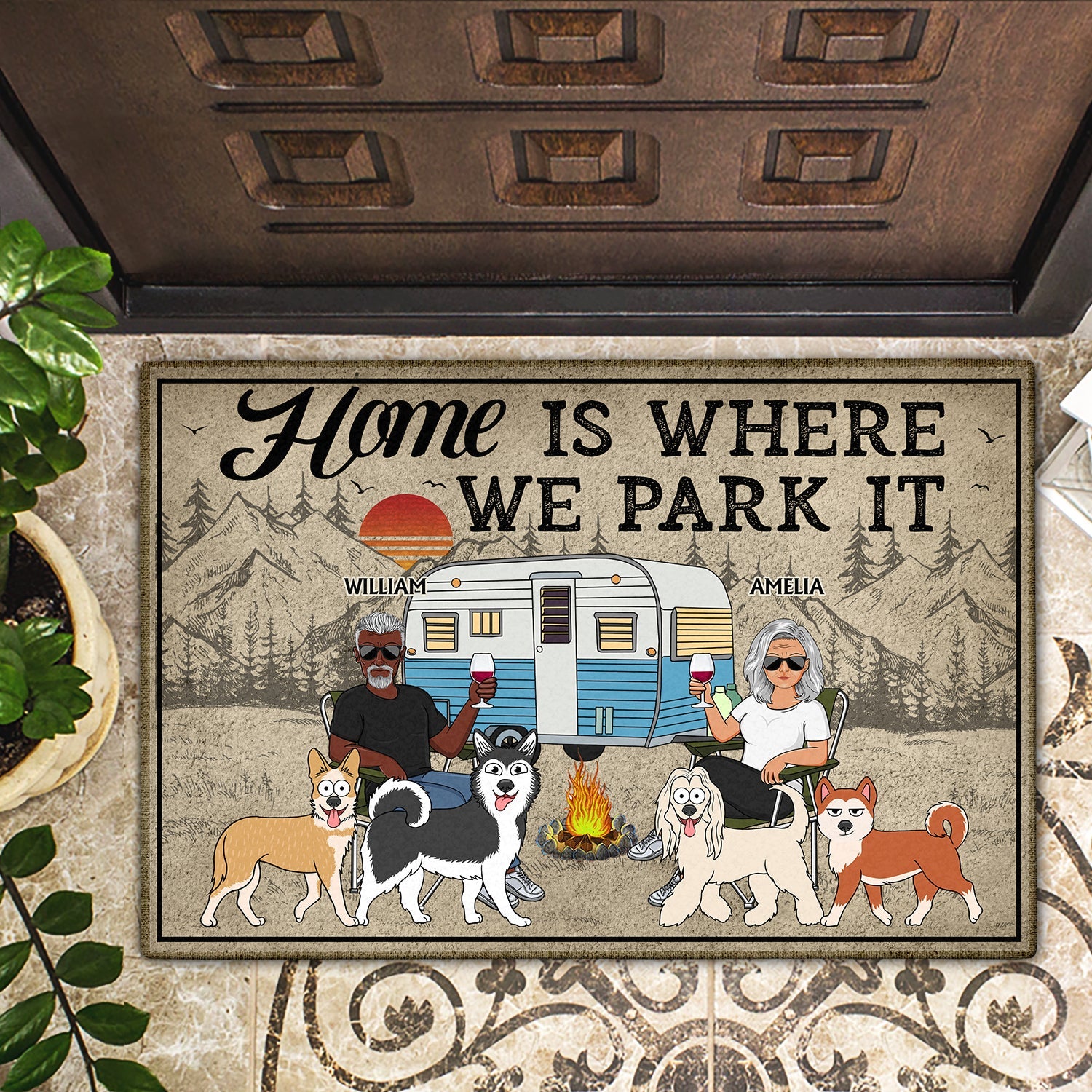 Home Is Where We Park It - Camping Gifts For Couples, Family, Campers, Dog Lovers, Cat Lovers - Personalized Doormat