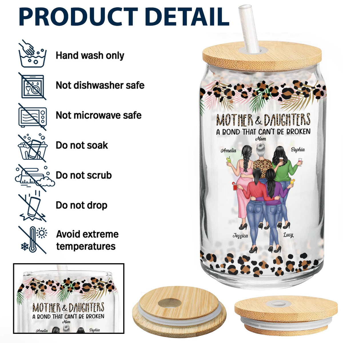 Mother & Daughters A Bond That Can't Be Broken - Gift For Mom, Mother, Grandma - Personalized Clear Glass Can