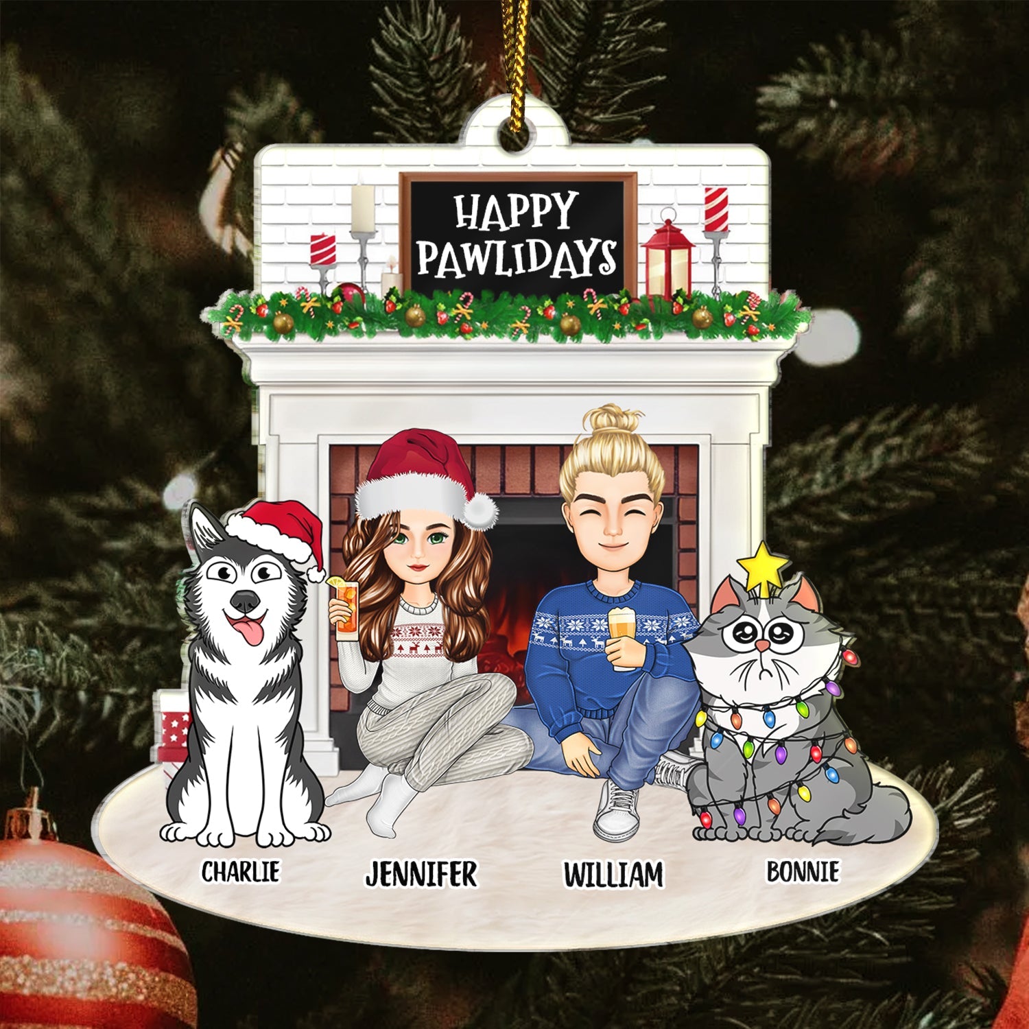 Christmas Couple Fireplace & Pets - Gift For Pet Lovers Couples - Personalized Cutout Acrylic Ornament