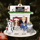 Christmas Couple Fireplace & Pets - Gift For Pet Lovers Couples - Personalized Cutout Acrylic Ornament