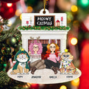 Christmas Couple Fireplace & Pets - Gift For Pet Lovers Couples - Personalized Cutout Acrylic Ornament