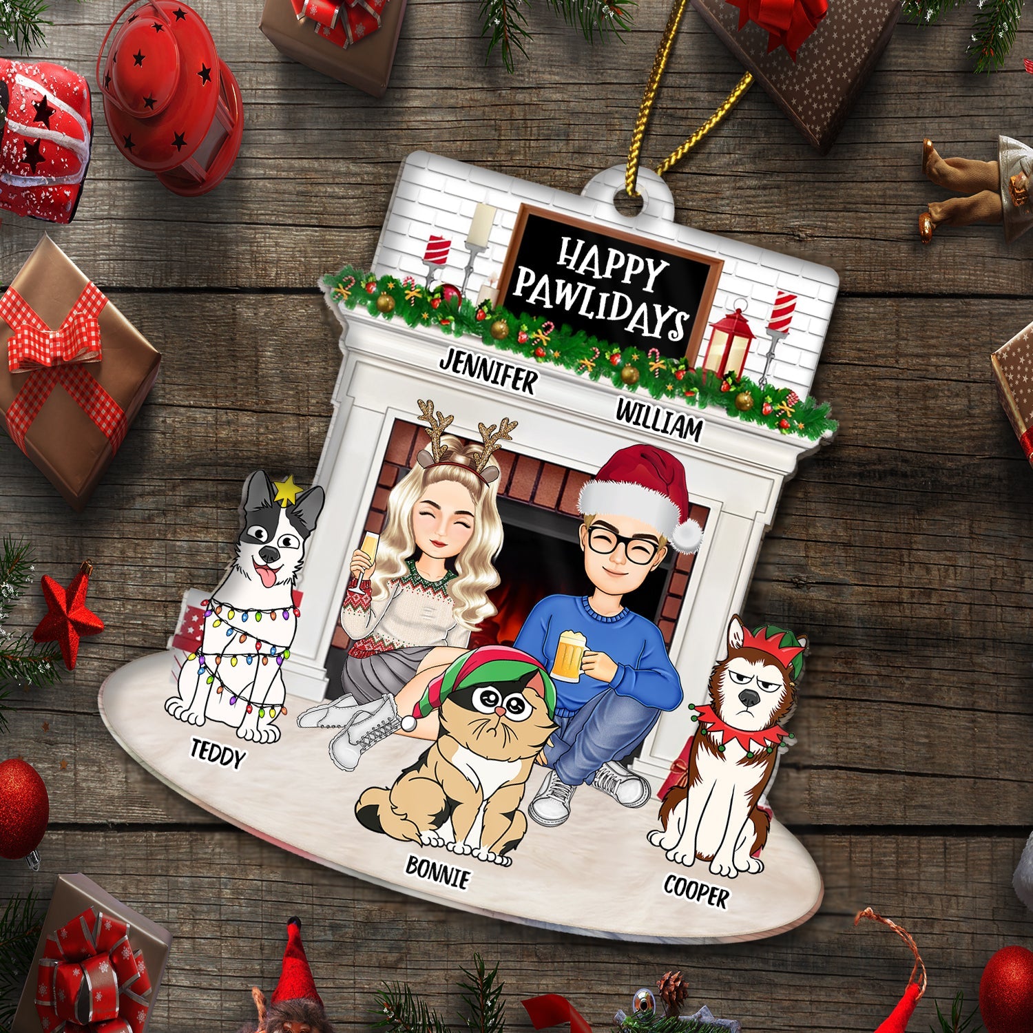 Christmas Couple Fireplace & Pets - Gift For Pet Lovers Couples - Personalized Cutout Acrylic Ornament