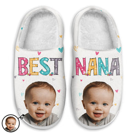 Custom Photo Best Nana Ever - Gift For Mother, Grandma, Family - Personalized Fluffy Slippers