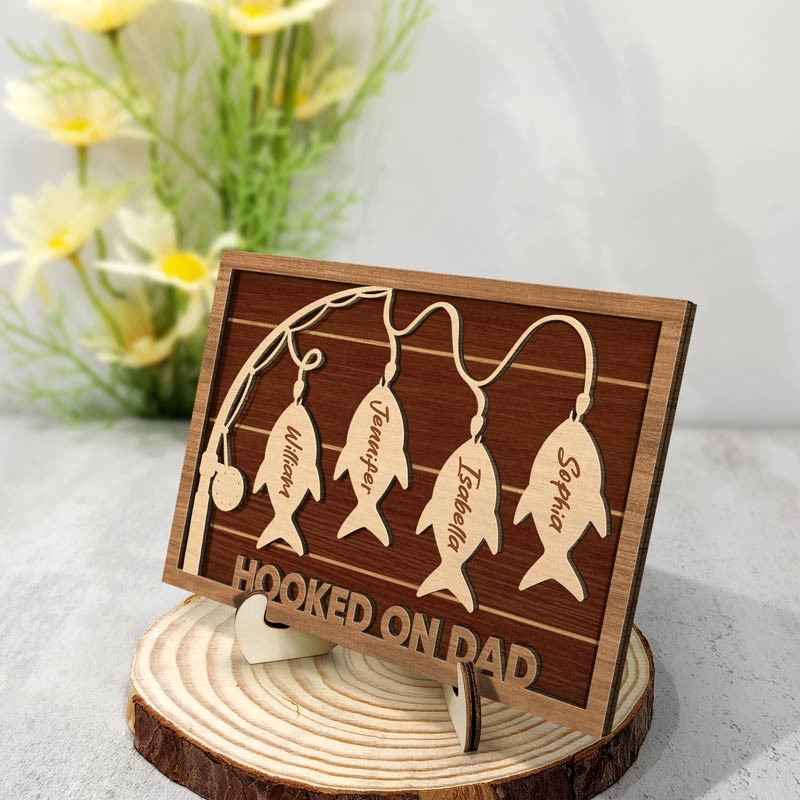 Hooked On Dad Grandpa - Gift For Father, Grandfather - Personalized 2-Layered Wooden Plaque With Stand