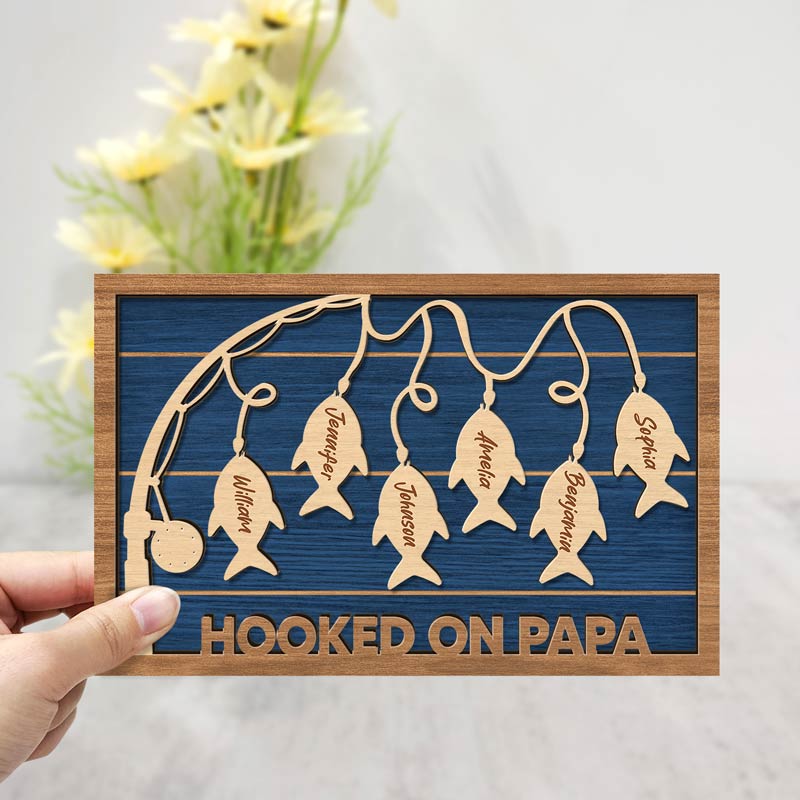 Hooked On Dad Grandpa - Gift For Father, Grandfather - Personalized 2-Layered Wooden Plaque With Stand