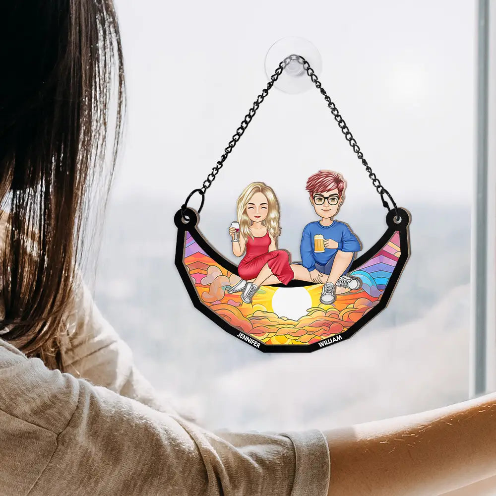 Cartoon Besties Friends Sitting On The Moon - Personalized Window Hanging Suncatcher Ornament