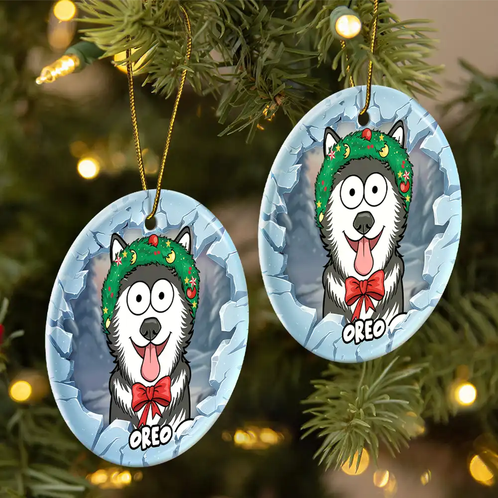 Christmas Dog Lovers Cat Lovers - 3D Inflated Effect Printed Ornament, Personalized Circle Ceramic Ornament