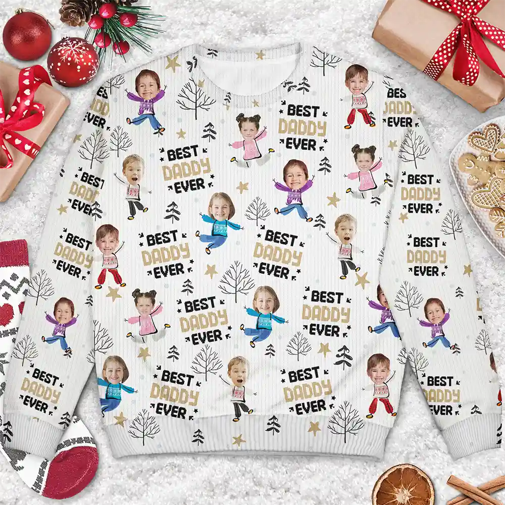 Christmas,Custom Photo,Gift For Father,Gift For Grandpa,Happy - Custom Photo Best Dad Ever Funny Kids Christmas Tree - Personalized Unisex Ugly Sweater