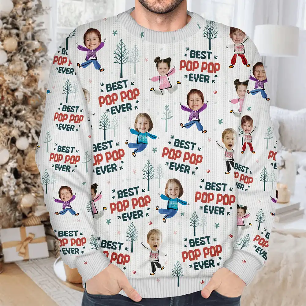 Christmas,Custom Photo,Gift For Father,Gift For Grandpa,Happy - Custom Photo Best Dad Ever Funny Kids Christmas Tree - Personalized Unisex Ugly Sweater