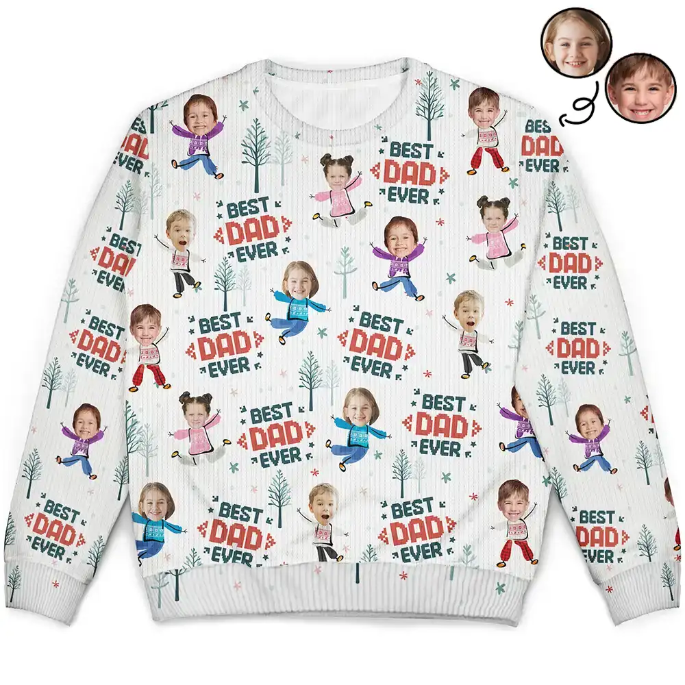 Custom Photo Best Dad Ever Funny Kids Christmas Tree - Personalized Unisex Ugly Sweater