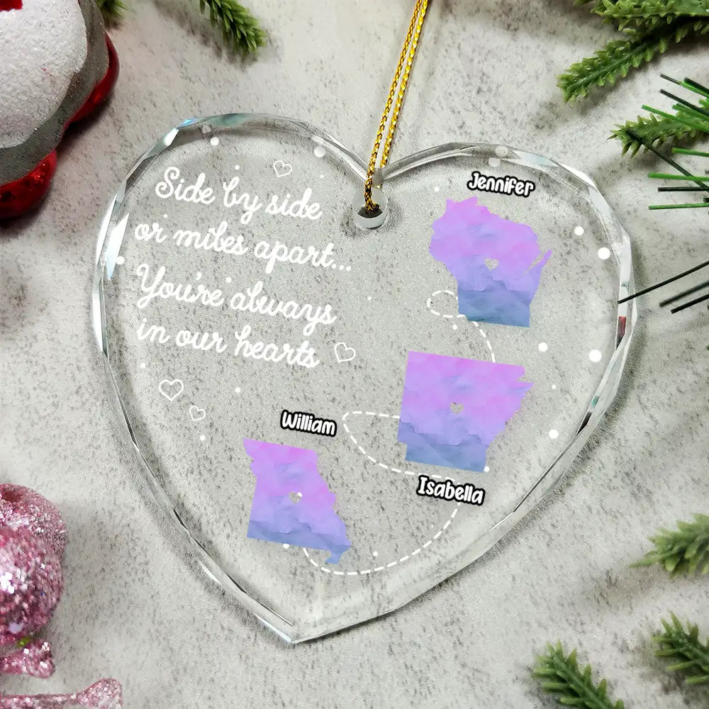 Gift For Couples, Family, Gift For Bestie - Side By Side Or Miles Apart Long Distance - Personalized Heart Shaped Glass Ornament