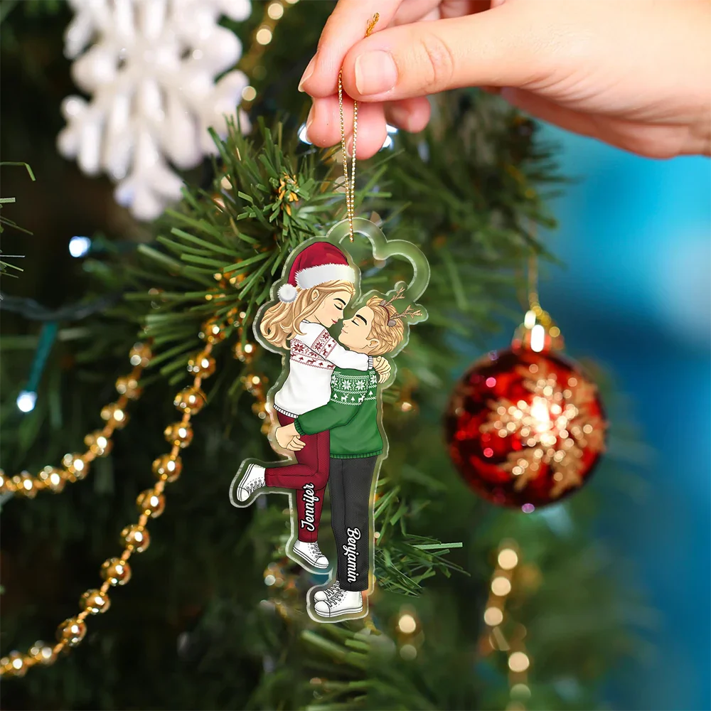 Gift For Couples - Cartoon Kissing Couple Christmas - Personalized Cutout Acrylic Ornament