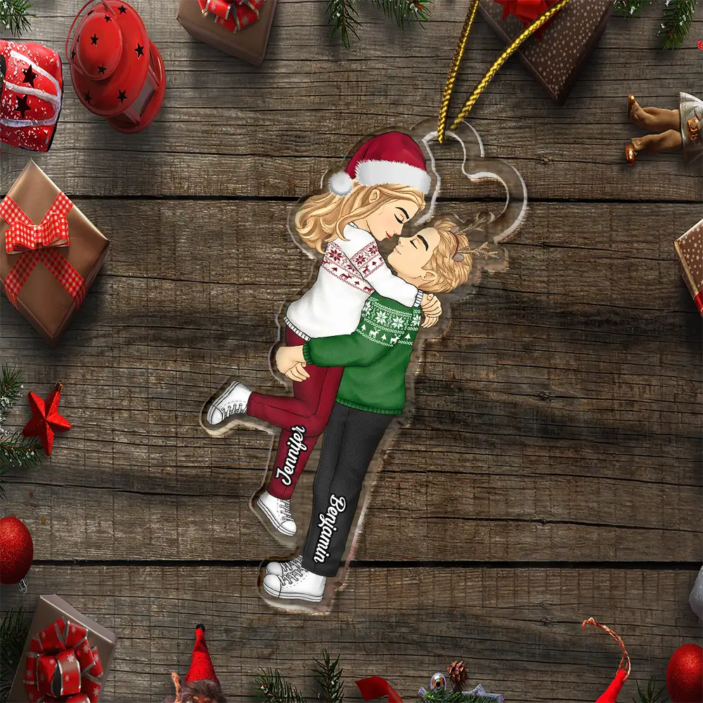 Gift For Couples - Cartoon Kissing Couple Christmas - Personalized Cutout Acrylic Ornament