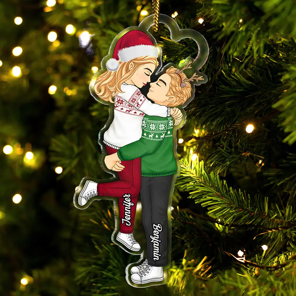 Gift For Couples - Cartoon Kissing Couple Christmas - Personalized Cutout Acrylic Ornament