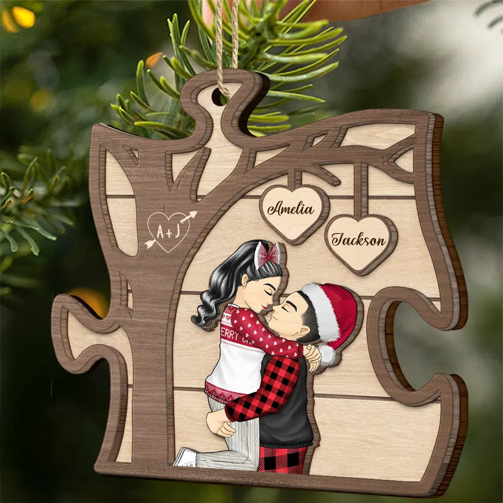 Gift For Couples - Christmas Couples Kissing Under The Tree - Personalized 2-Layered Wooden Ornament