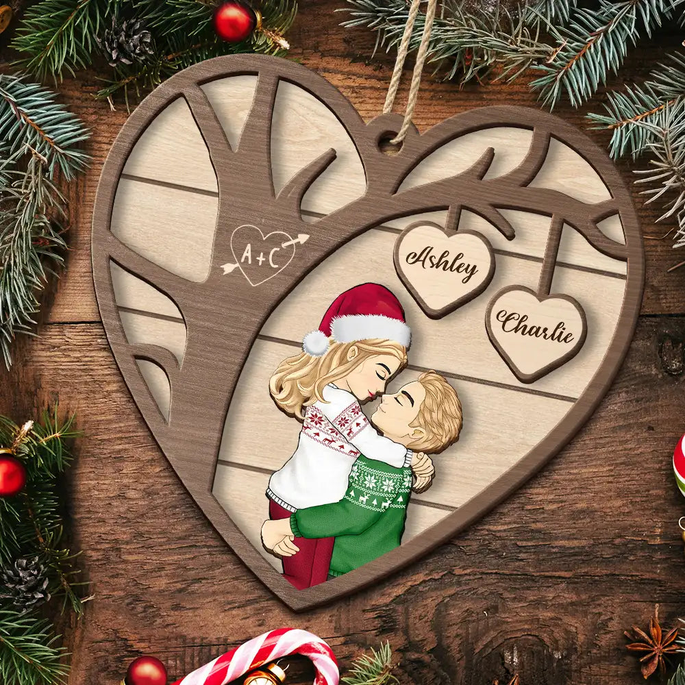 Gift For Couples - Christmas Couples Kissing Under The Tree - Personalized 2-Layered Wooden Ornament