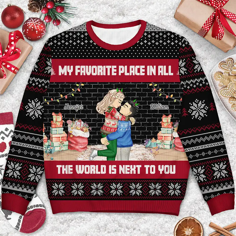 Christmas,Gift For Couples,Gift For Husband,Gift For Wife,Gift For Boyfriend,Gift For Girlfriend,Continue Shopping,Happy - Christmas Couple My Favorite Place In The World - Personalized Unisex Ugly Sweater