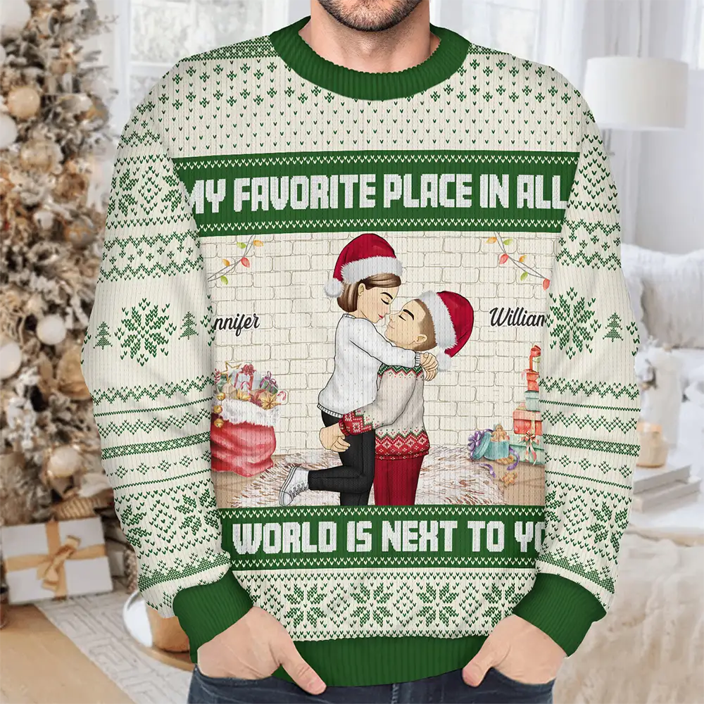 Christmas,Gift For Couples,Gift For Husband,Gift For Wife,Gift For Boyfriend,Gift For Girlfriend,Continue Shopping,Happy - Christmas Couple My Favorite Place In The World - Personalized Unisex Ugly Sweater