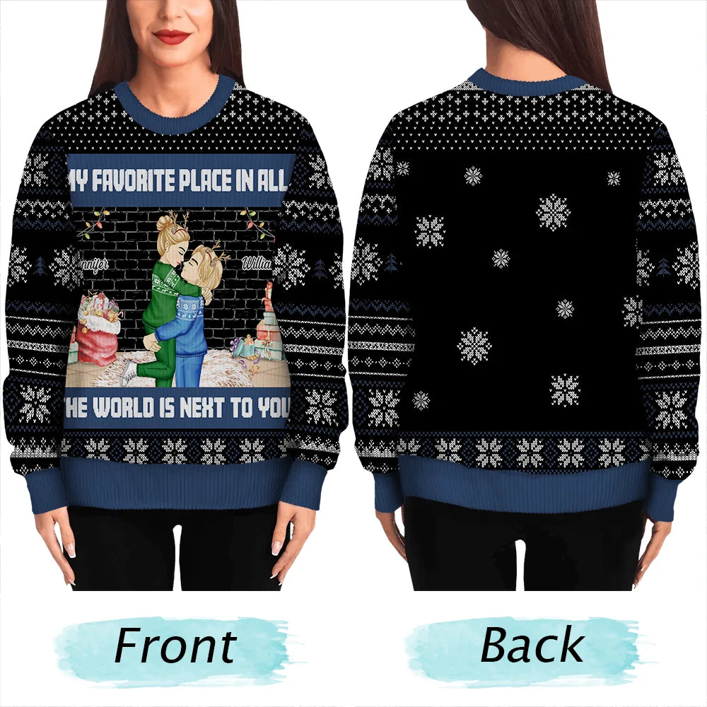 Christmas,Gift For Couples,Gift For Husband,Gift For Wife,Gift For Boyfriend,Gift For Girlfriend,Continue Shopping,Happy - Christmas Couple My Favorite Place In The World - Personalized Unisex Ugly Sweater