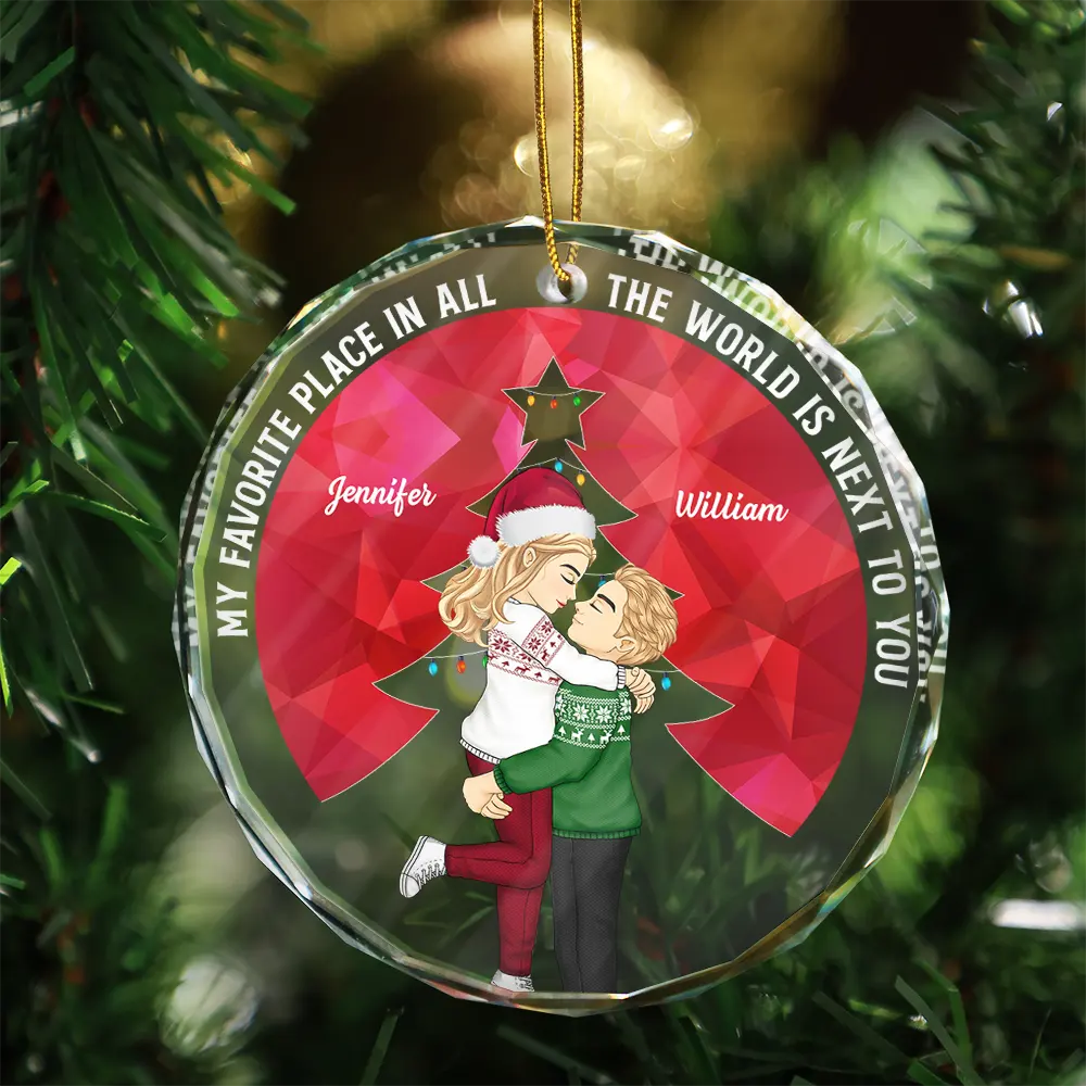 Gift For Couples, Gift For Husband, Gift For Wife, Gift For Boyfriend, Gift For Girlfriend - Christmas Couple Sideview My Favorite Place In All The World - Personalized Glass Ornament