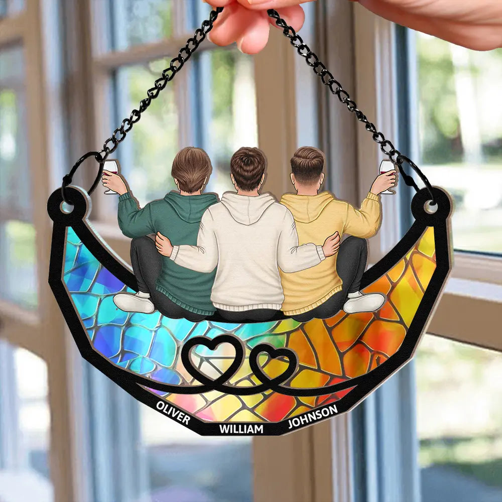 Gift For Bestie, Gift For Sisters, Gift For Brothers - Friends Besties Sisters Brothers Sitting Together - Personalized Window Hanging Suncatcher Ornament