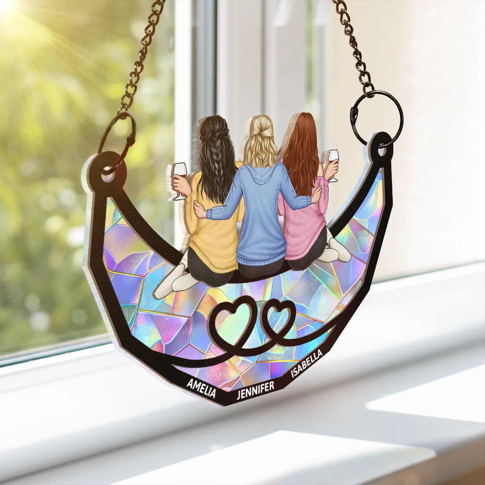 Gift For Bestie, Gift For Sisters, Gift For Brothers - Friends Besties Sisters Brothers Sitting Together - Personalized Window Hanging Suncatcher Ornament