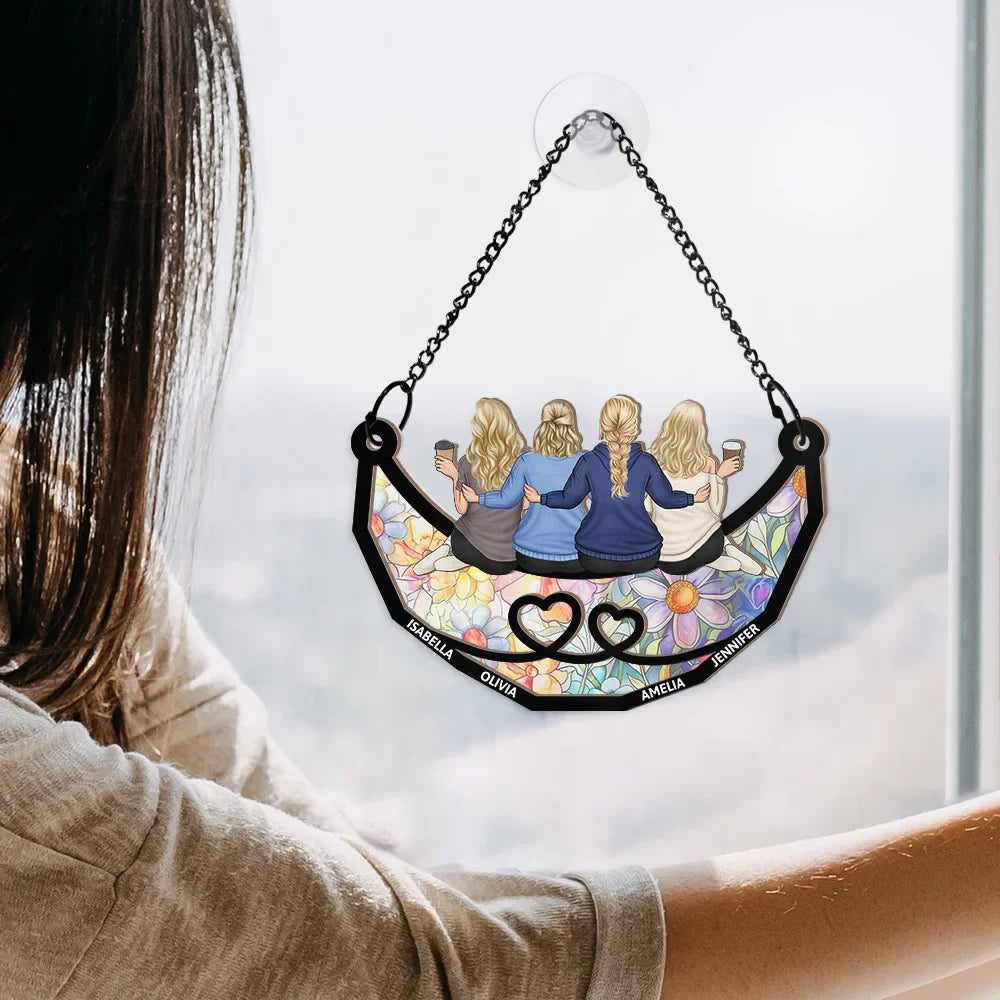 Gift For Bestie, Gift For Sisters, Gift For Brothers - Friends Besties Sisters Brothers Sitting Together - Personalized Window Hanging Suncatcher Ornament