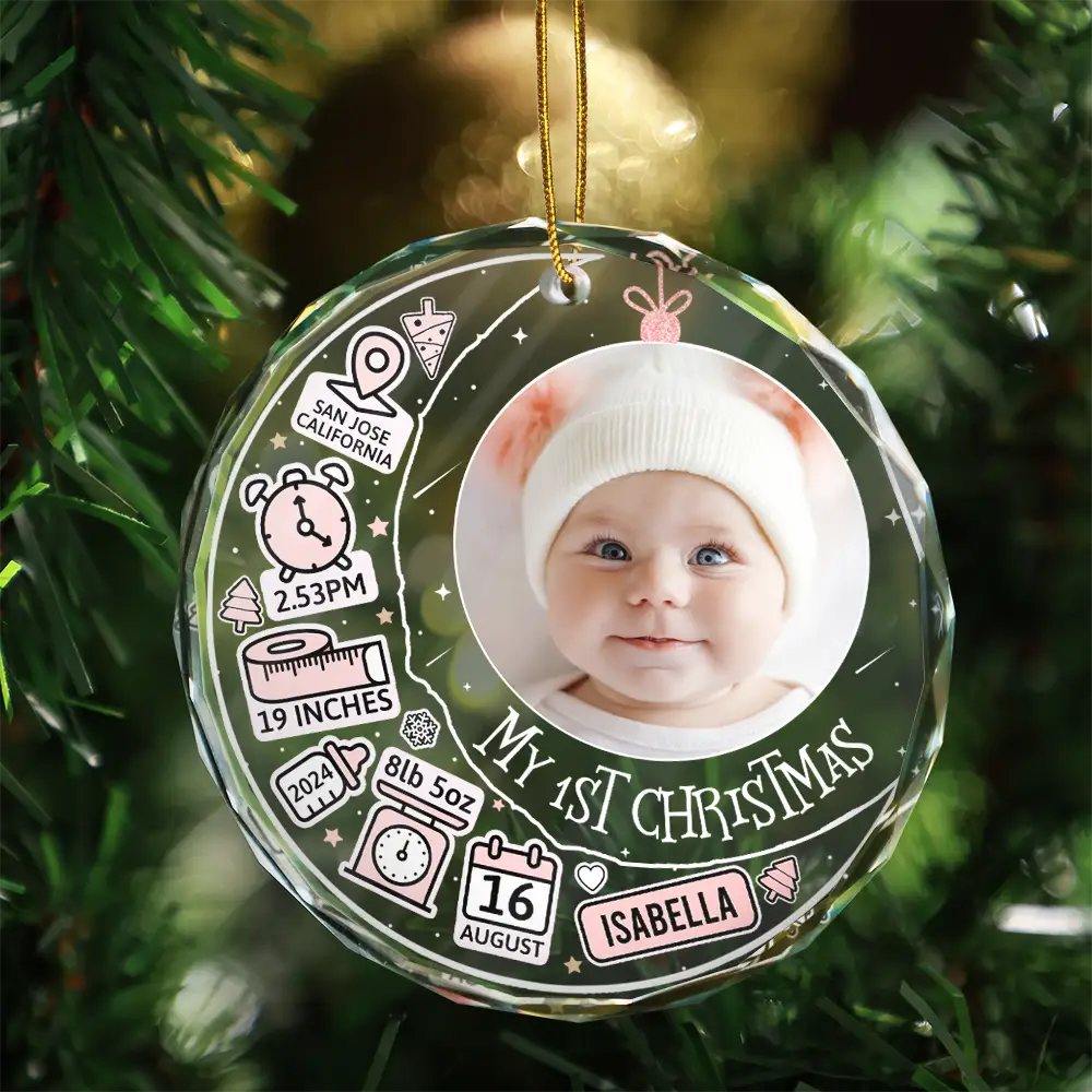 New baby, Gift For Kids - Custom Photo Baby First Christmas Information Icon - Personalized Circle Glass Ornament