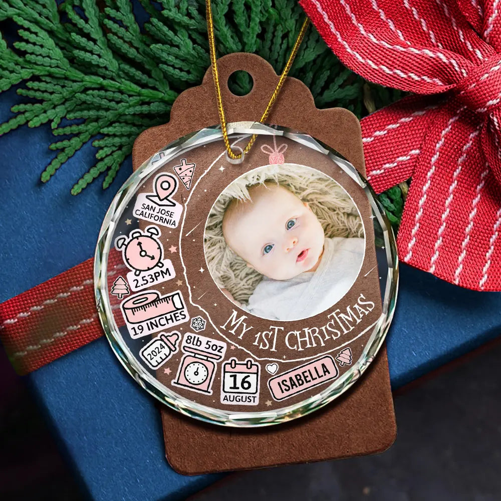 New baby, Gift For Kids - Custom Photo Baby First Christmas Information Icon - Personalized Circle Glass Ornament