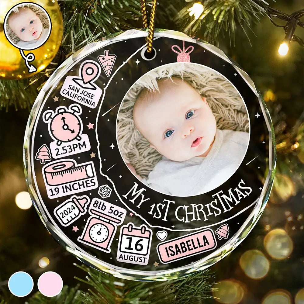 New baby, Gift For Kids - Custom Photo Baby First Christmas Information Icon - Personalized Circle Glass Ornament