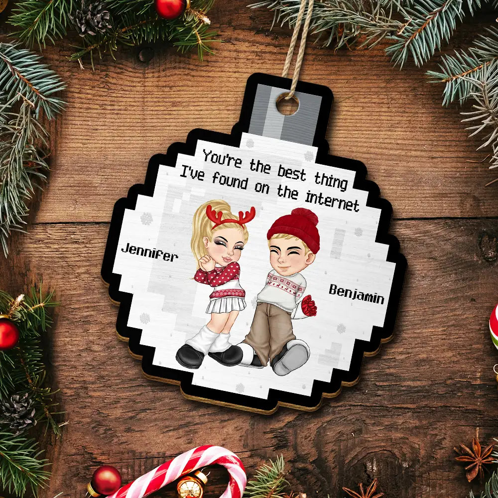 Gift For Couples, Gift For Husband, Gift For Wife, Gift For Boyfriend, Gift For Girlfriend - 8-Bit Y2K Couple Best Thing On The Internet - Personalized Custom Shaped Wooden Ornament