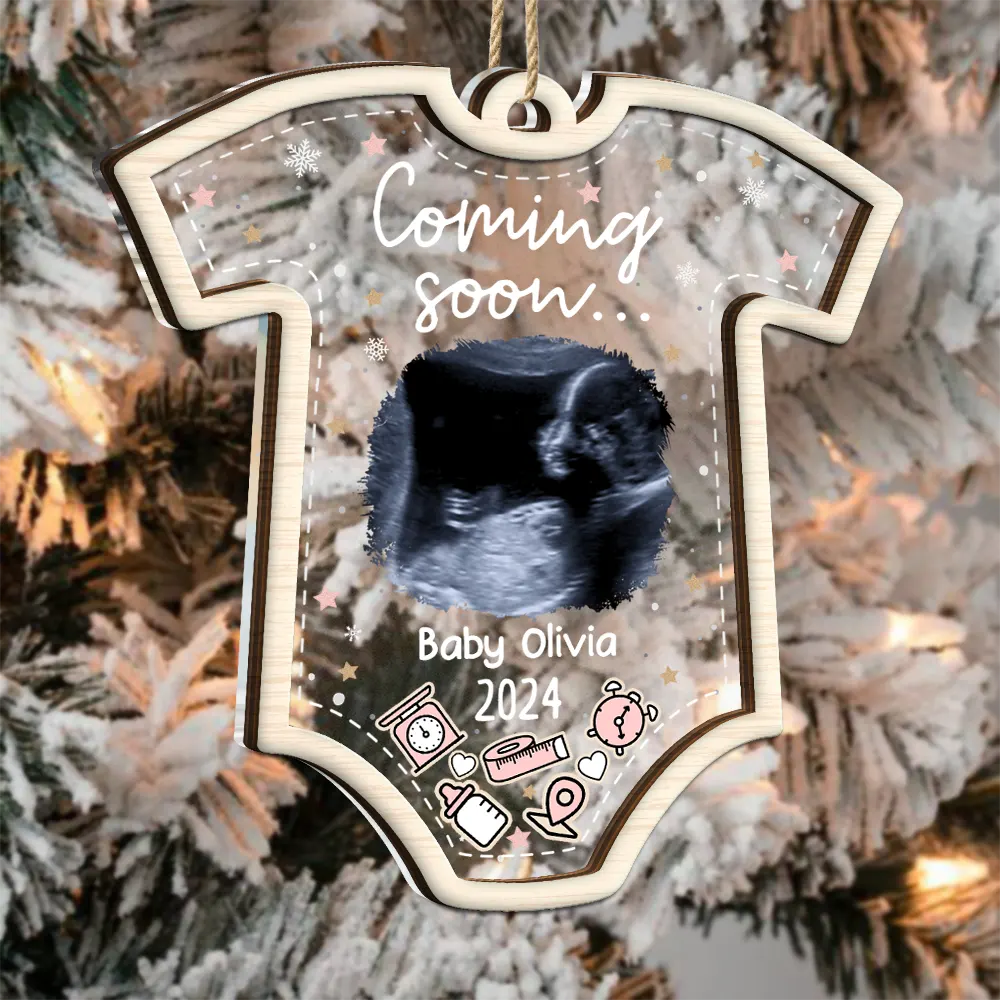 Parents, New baby, Gift For Kids - Custom Photo Coming Soon Christmas - Personalized 2-Layered Mix Ornament