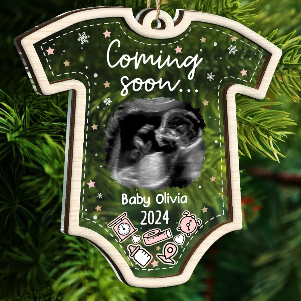 Parents, New baby, Gift For Kids - Custom Photo Coming Soon Christmas - Personalized 2-Layered Mix Ornament