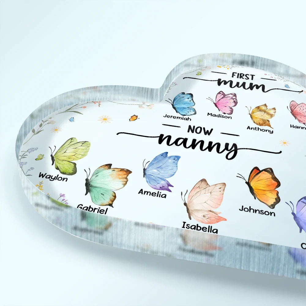 Gift For Grandma, Gift For Mother - First Mom Now Grandma Butterfly - Personalized Heart Shaped Acrylic Plaque