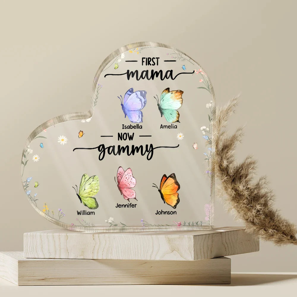 Gift For Grandma, Gift For Mother - First Mom Now Grandma Butterfly - Personalized Heart Shaped Acrylic Plaque