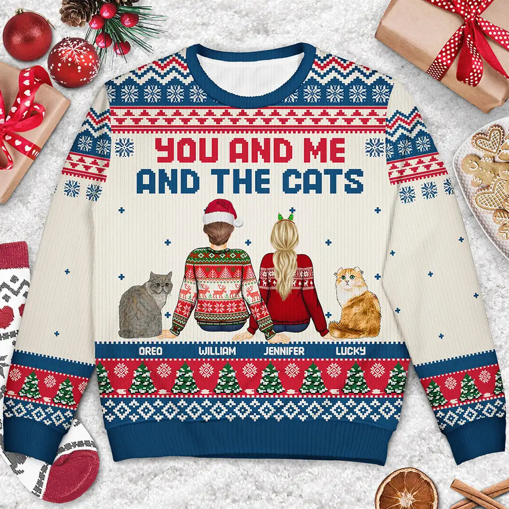 Pet Lovers, Pet Couple, Dog Lovers, Cat Lovers - Christmas Backside You And Me And The Pets - Personalized Unisex Ugly Sweater