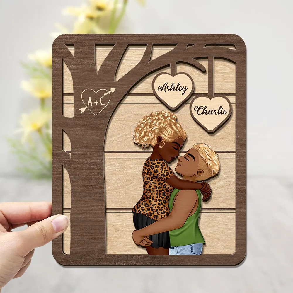 Gift For Couples, Gift For Husband, Gift For Wife, Gift For Boyfriend, Gift For Girlfriend - Couple Kissing Under The Tree - Personalized 2-Layered Wooden Plaque With Stand
