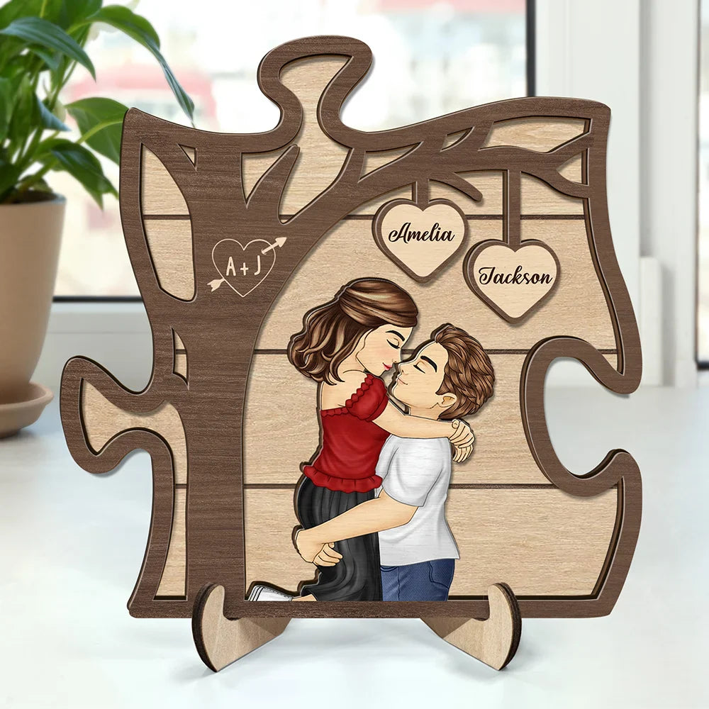 Gift For Couples, Gift For Husband, Gift For Wife, Gift For Boyfriend, Gift For Girlfriend - Couple Kissing Under The Tree - Personalized 2-Layered Wooden Plaque With Stand
