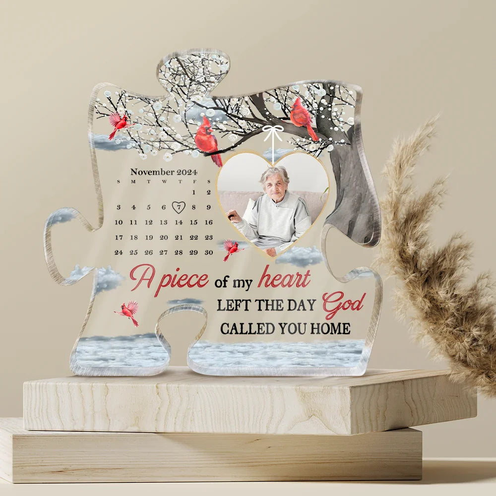 Memorial - Custom Photo Calendar The Day God Called You Home - Personalized Puzzle Shaped Acrylic Plaque