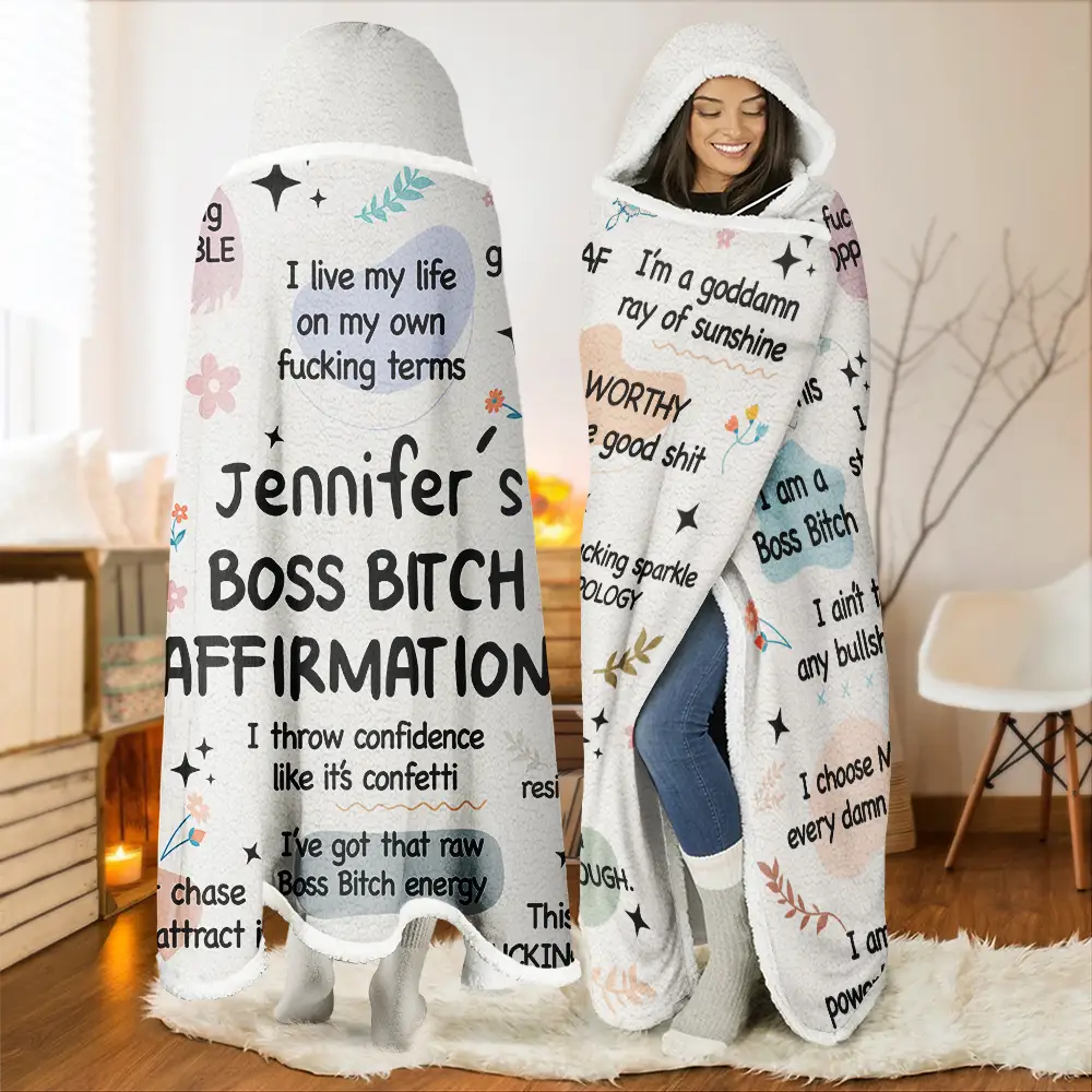 Gift For Yourself, Gift For Women - Girl's Daily Affirmations - Personalized Wearable Hooded Blanket